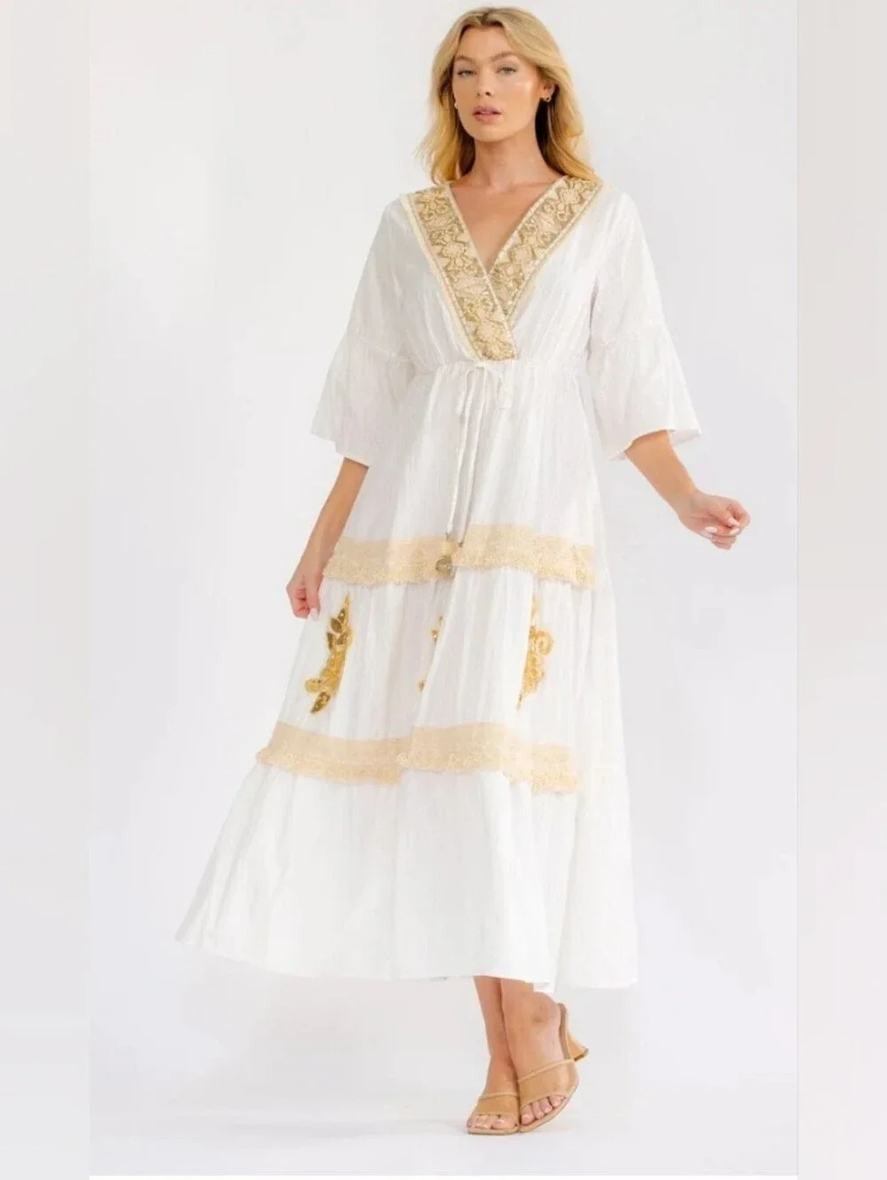 Boho Embroidered V-Neck Maxi Dress - Ivory with Gold Accents